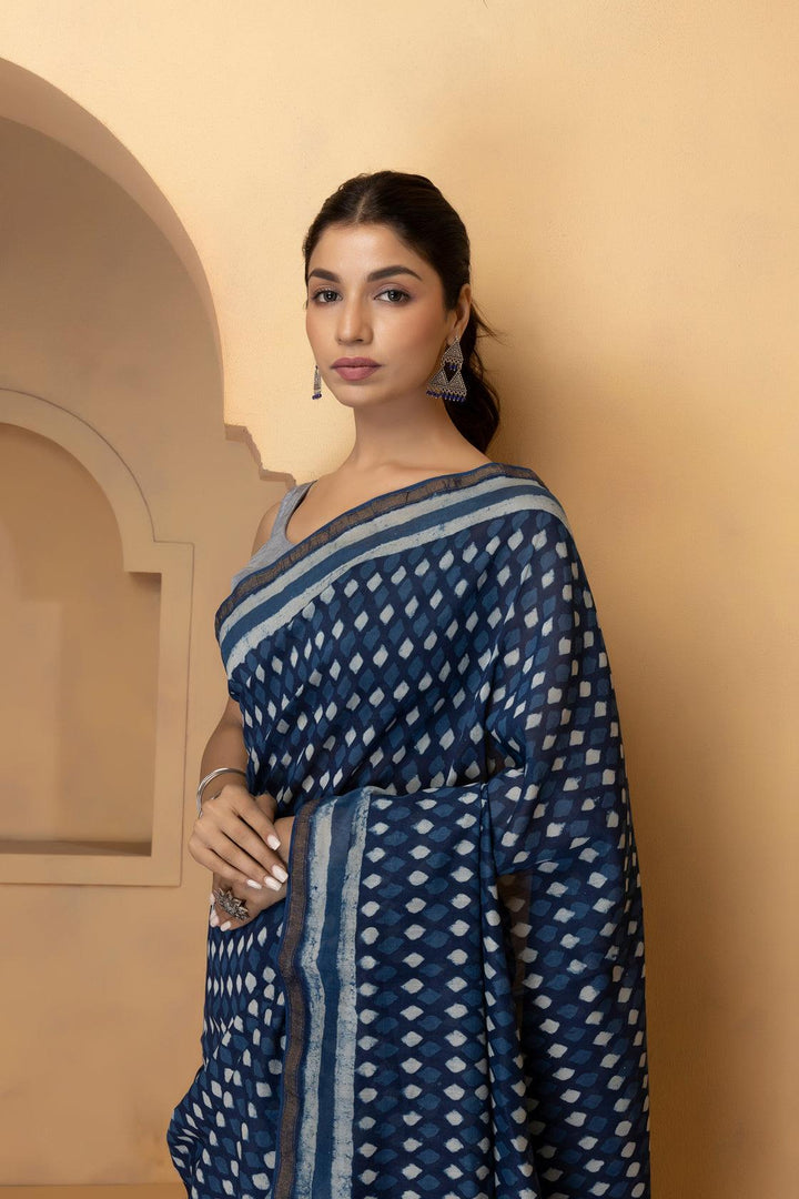 Indigo Hand Block Printed Pure Chanderi Silk Saree - Geroo Jaipur