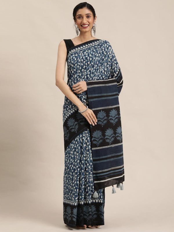 Indigo Pure Cotton Hand Block Printed Saree - Geroo Jaipur