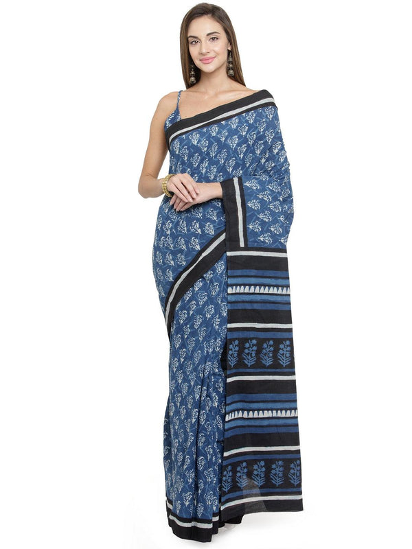 Indigo Pure Cotton Hand Block Printed Saree - Geroo Jaipur