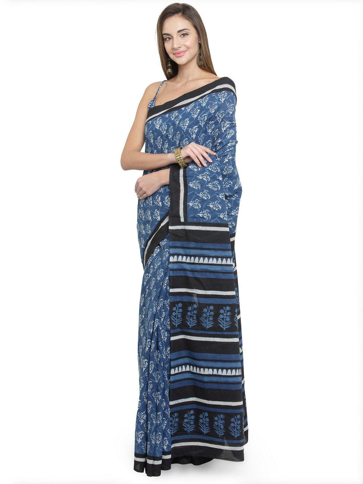 Indigo Pure Cotton Hand Block Printed Saree - Geroo Jaipur