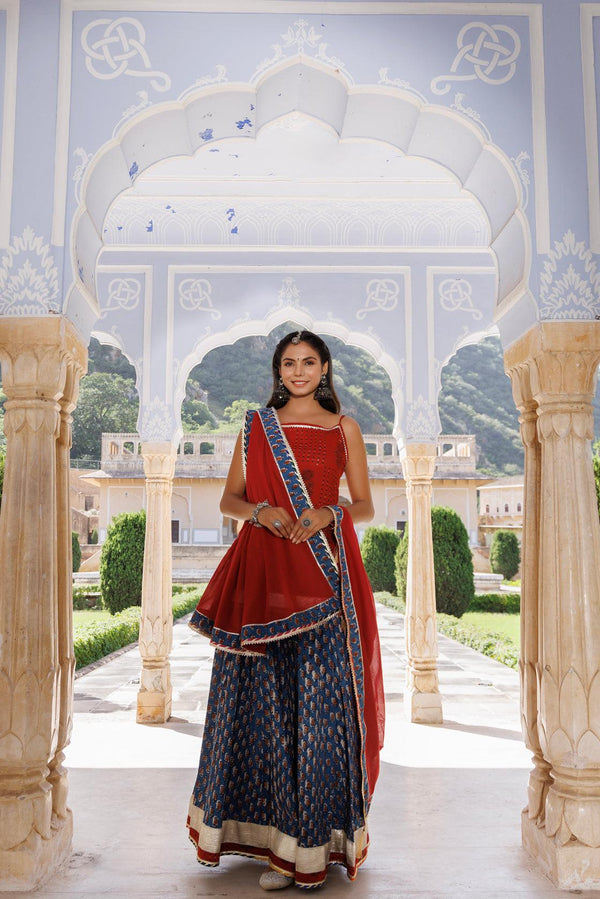 Indigo-Red Pure Cotton Hand Block Printed Skirt Set - Geroo Jaipur