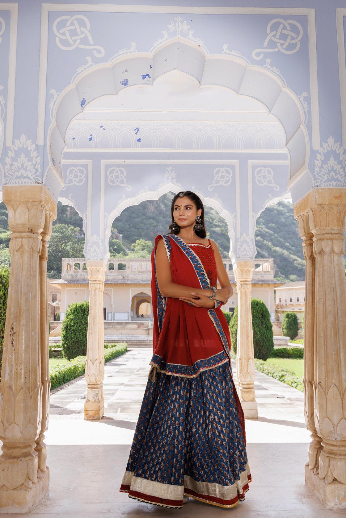 Indigo Red Pure Cotton Hand Block Printed Skirt Set Geroo Jaipur