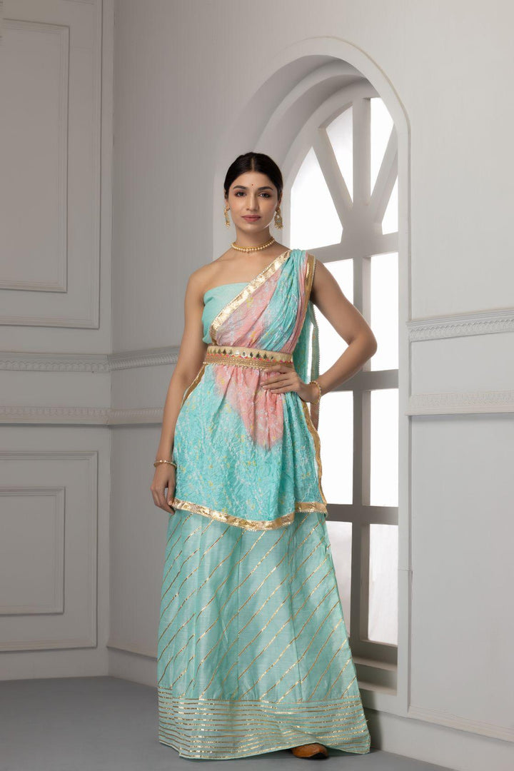 Light Blue Handcrafted Gota Work Chanderi Lehenga Set - Geroo Jaipur