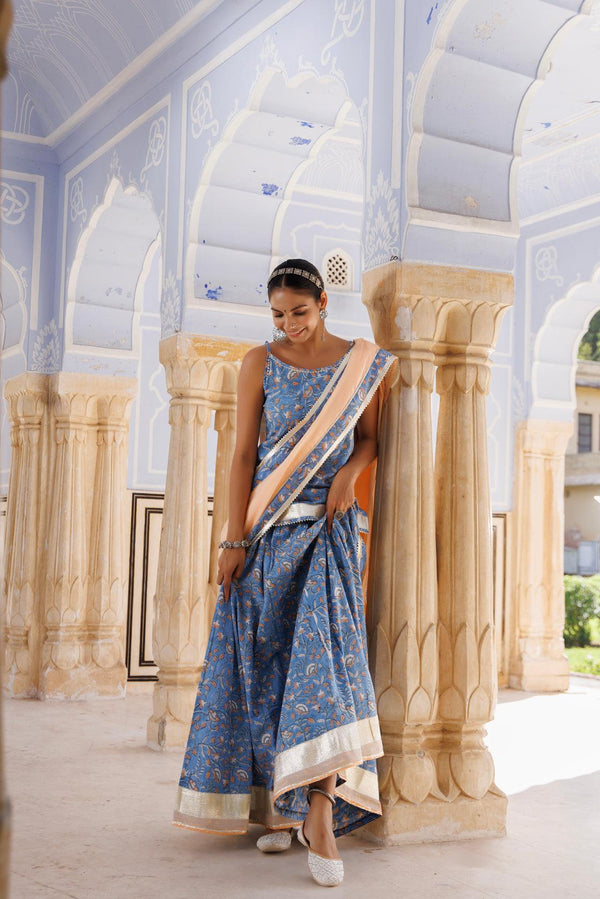 Light Blue-Peach Pure Cotton Hand Block Printed Skirt Set - Geroo Jaipur