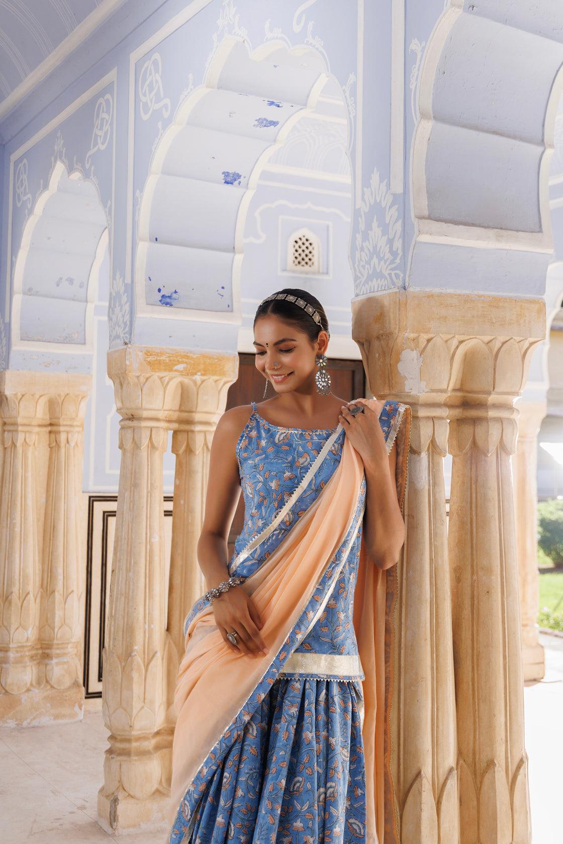 Light Blue-Peach Pure Cotton Hand Block Printed Skirt Set - Geroo Jaipur