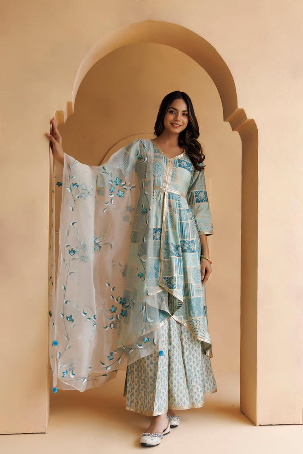 Light Blue Printed Suit Set With Handpainted Organza Dupatta - Geroo Jaipur