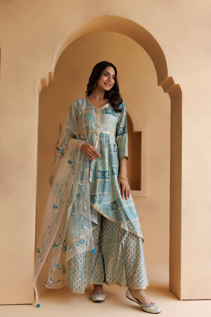 Light Blue Printed Suit Set With Handpainted Organza Dupatta - Geroo Jaipur