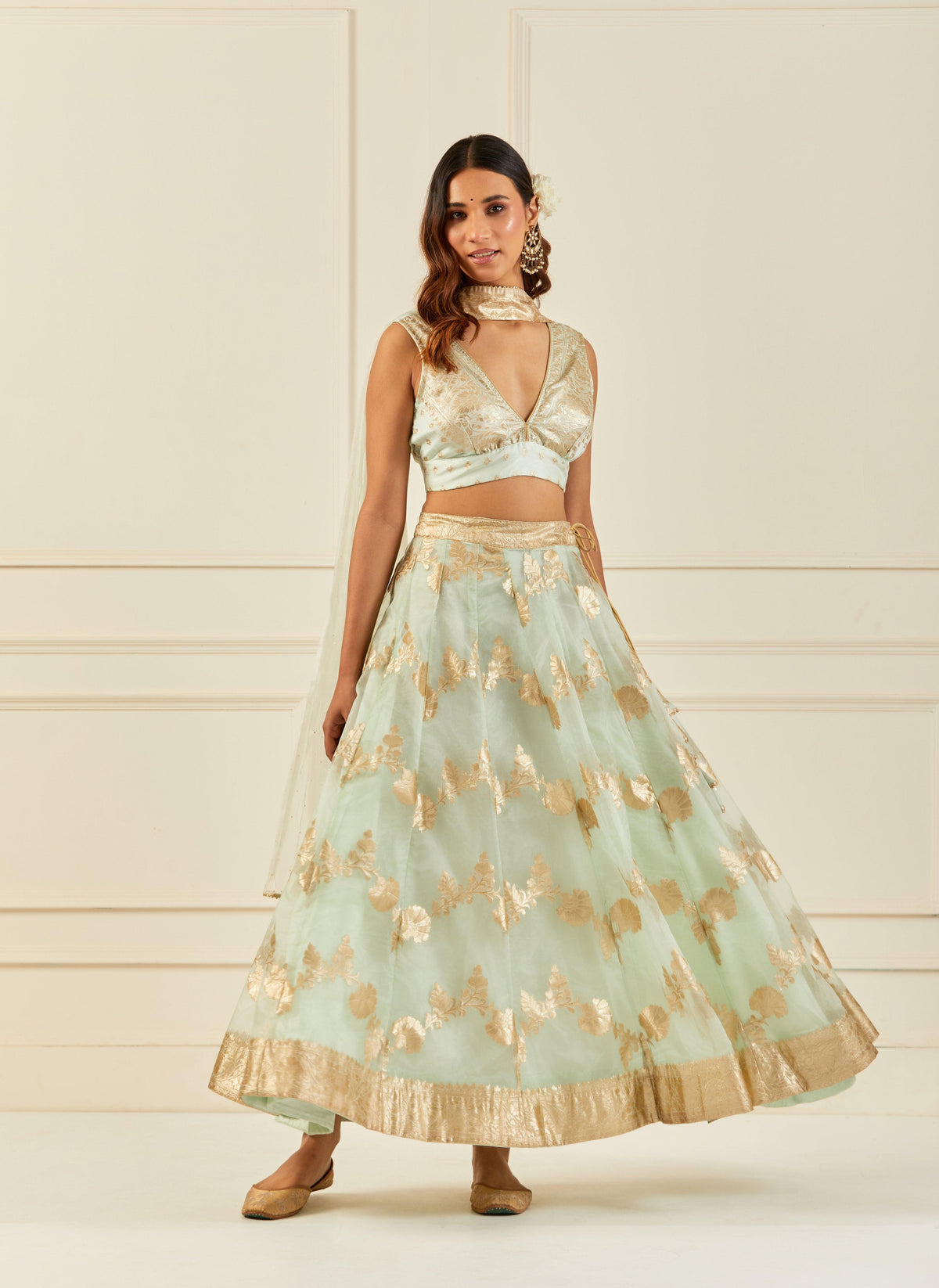 Light Green Organza Banarasi Lehenga Set With Mukaish-Embroidered Dupatta