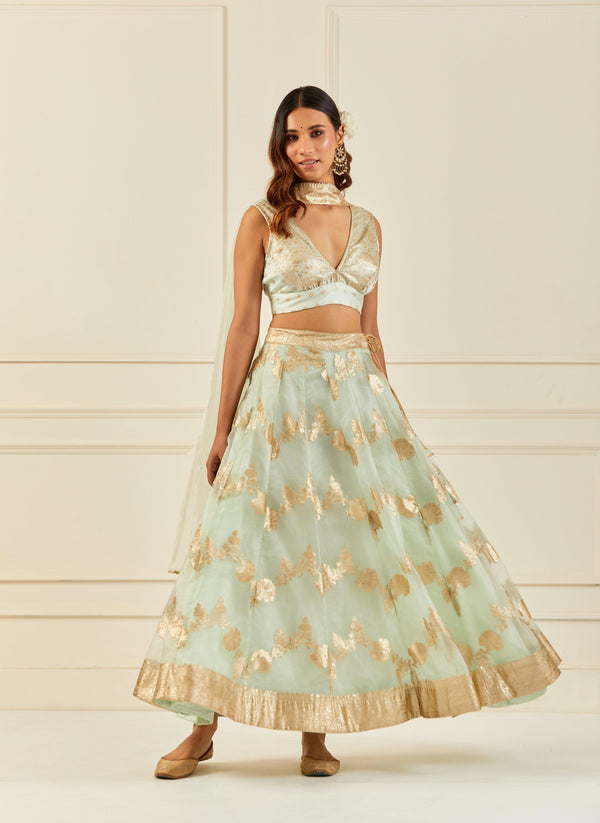 Light Green Organza Banarasi Lehenga Set With Mukaish Dupatta - Geroo Jaipur