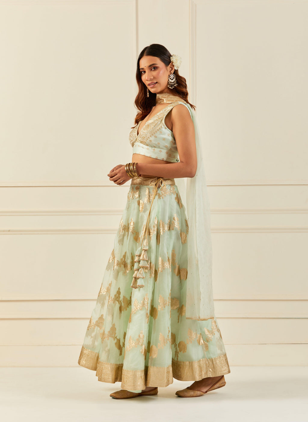 Light Green Organza Banarasi Lehenga Set With Mukaish Dupatta - Geroo Jaipur