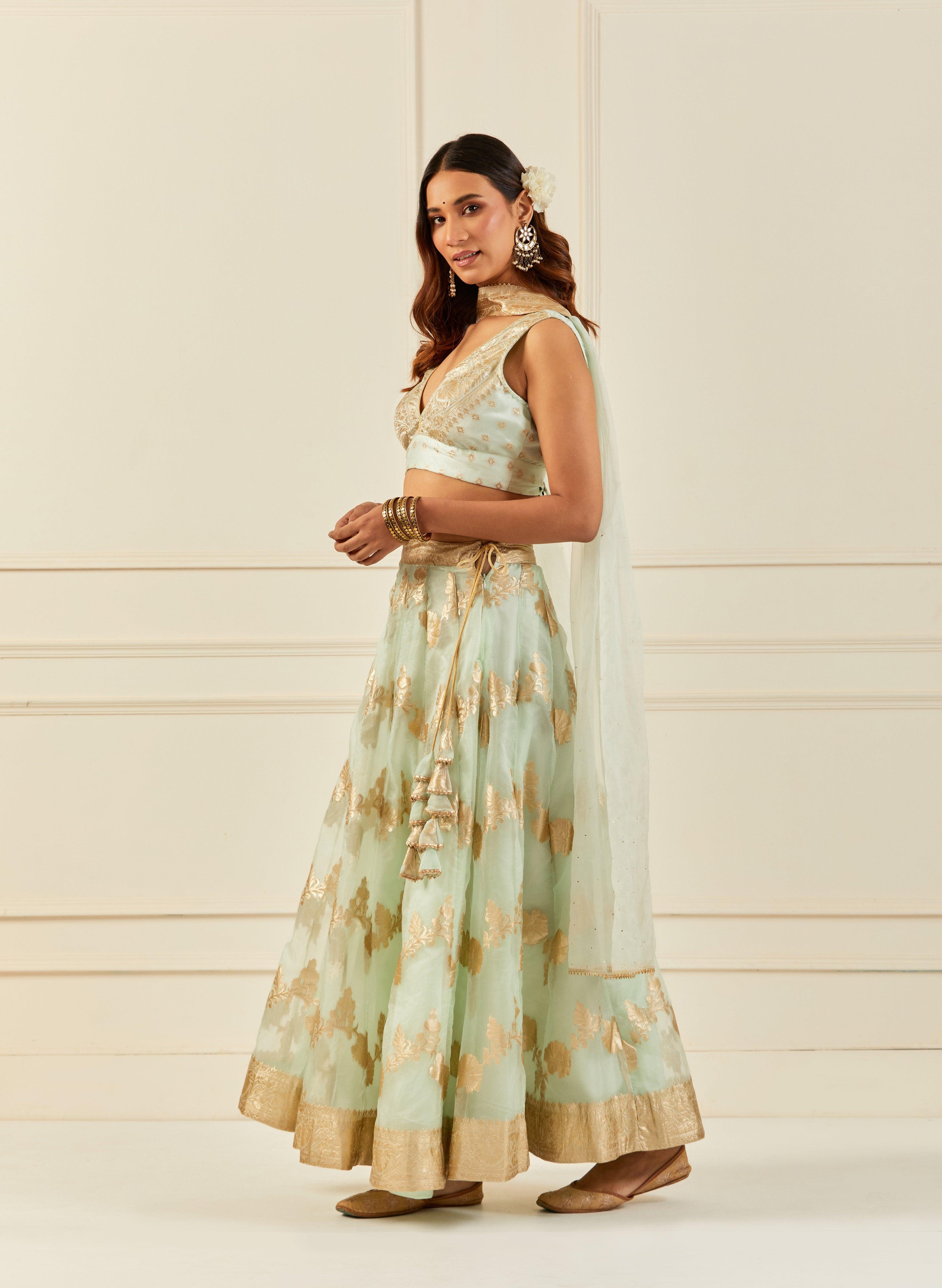 Light Green Organza Banarasi Lehenga Set With Mukaish Dupatta - Geroo Jaipur