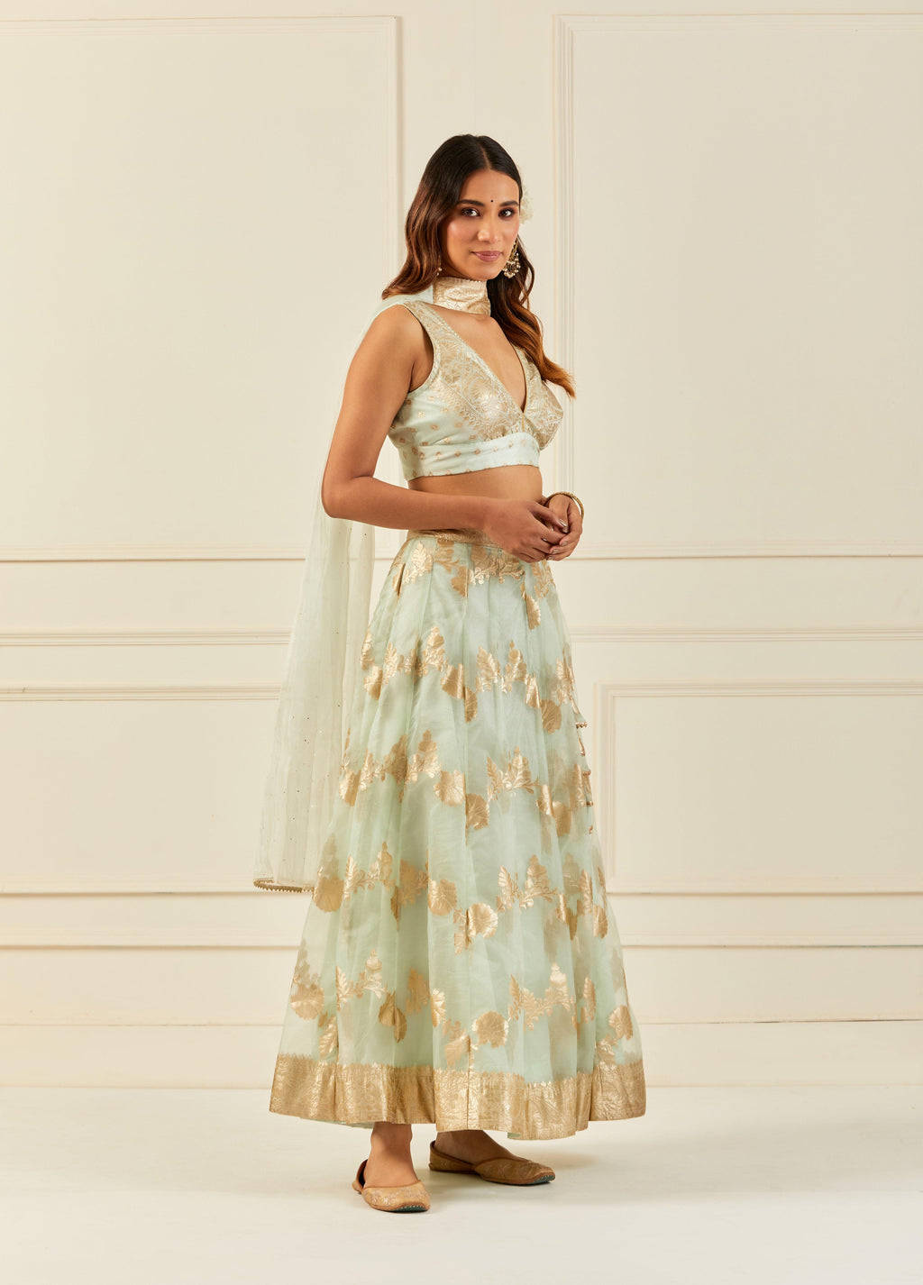 Light Green Organza Banarasi Lehenga Set With Mukaish Dupatta - Geroo Jaipur