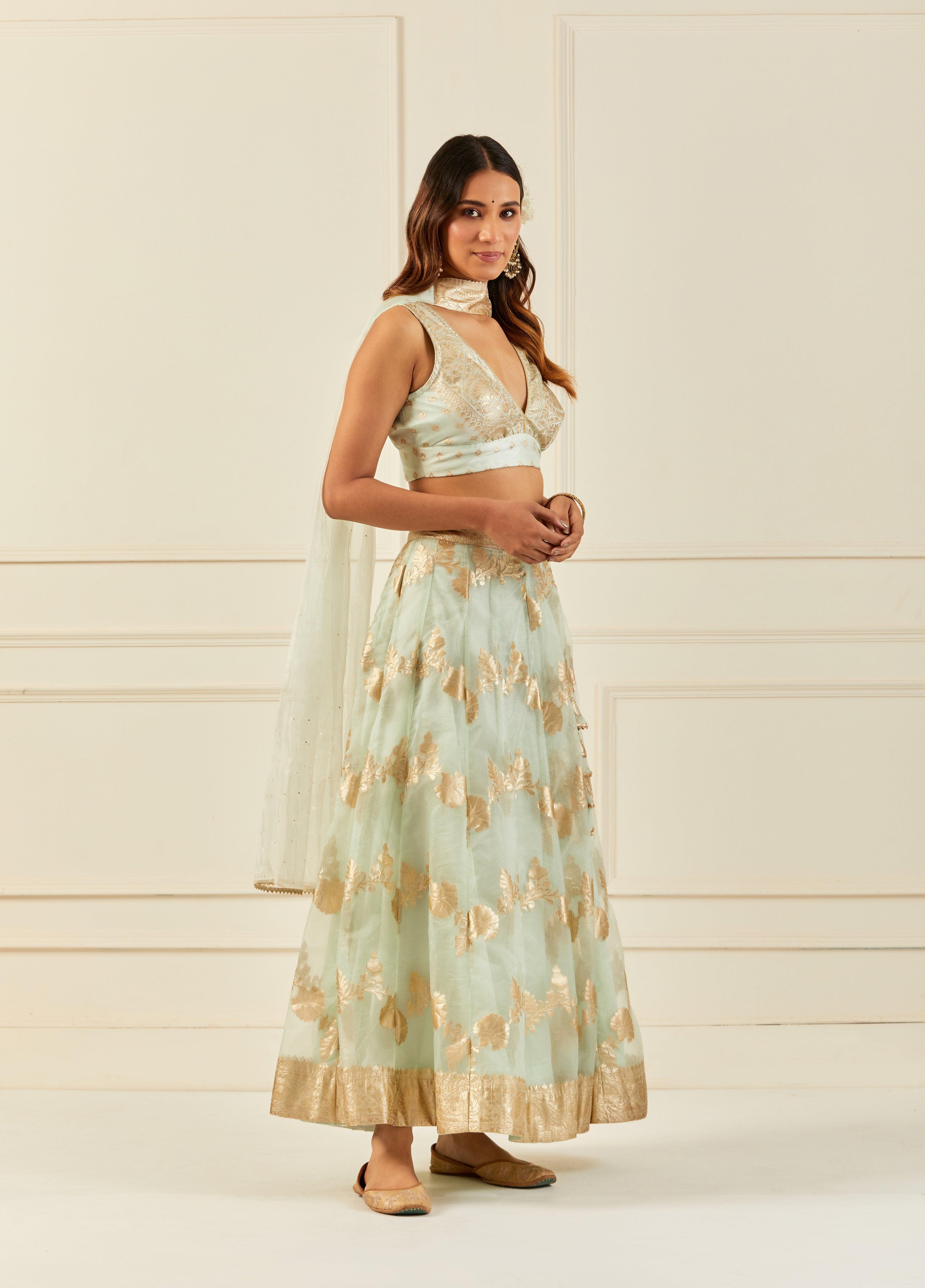 Light Green Organza Banarasi Lehenga Set With Mukaish Dupatta - Geroo Jaipur