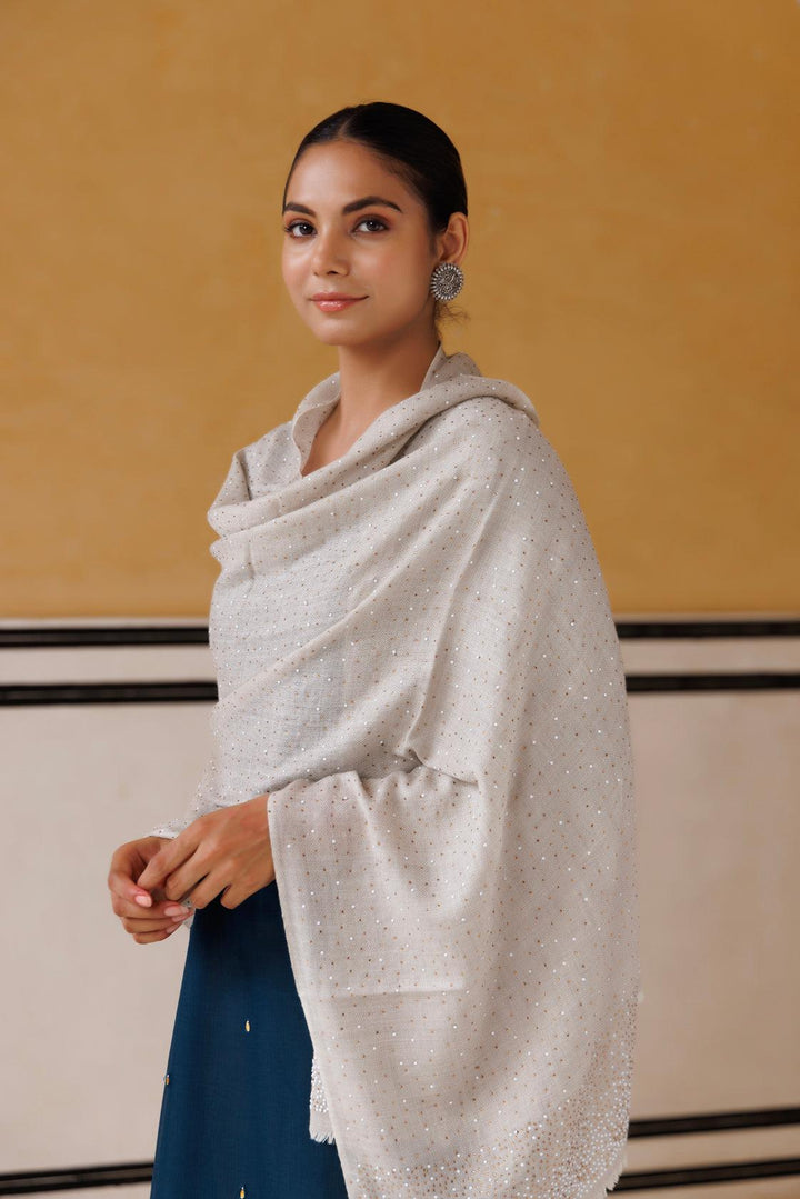 Light Grey hand embroidered woolen shawl - Geroo Jaipur