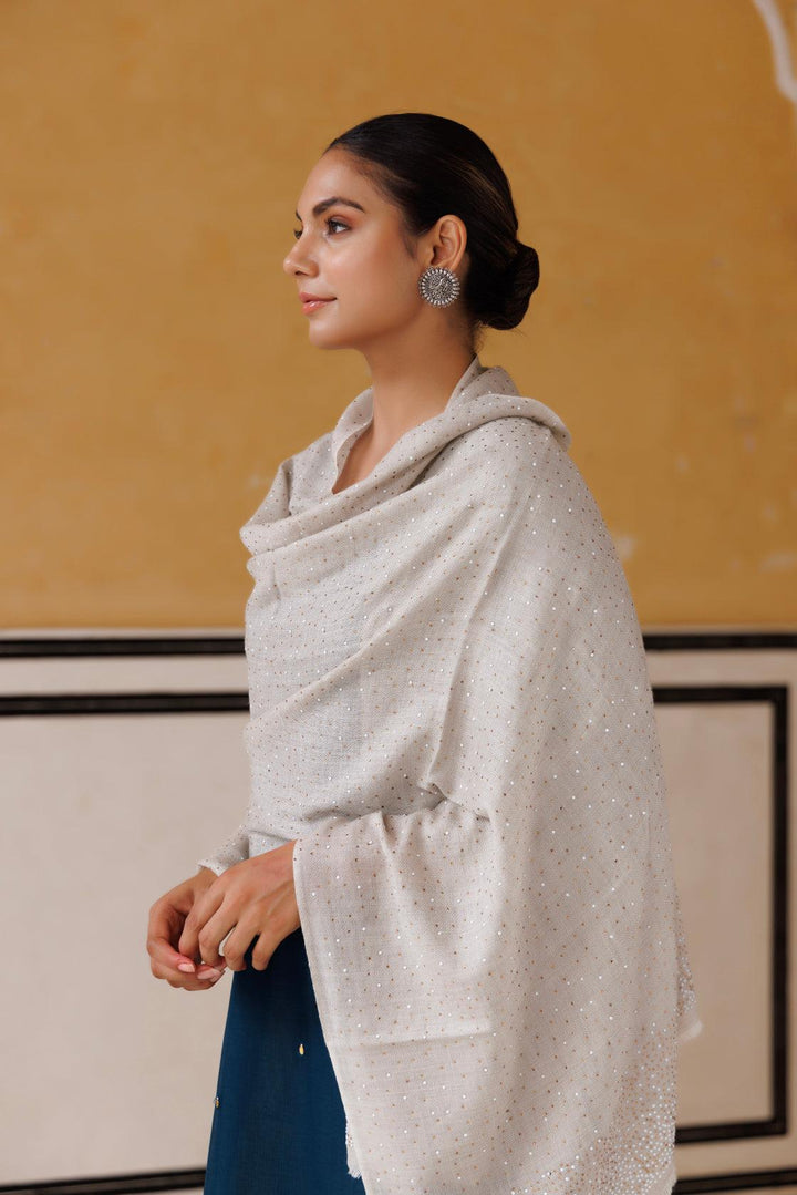 Light Grey hand embroidered woolen shawl - Geroo Jaipur