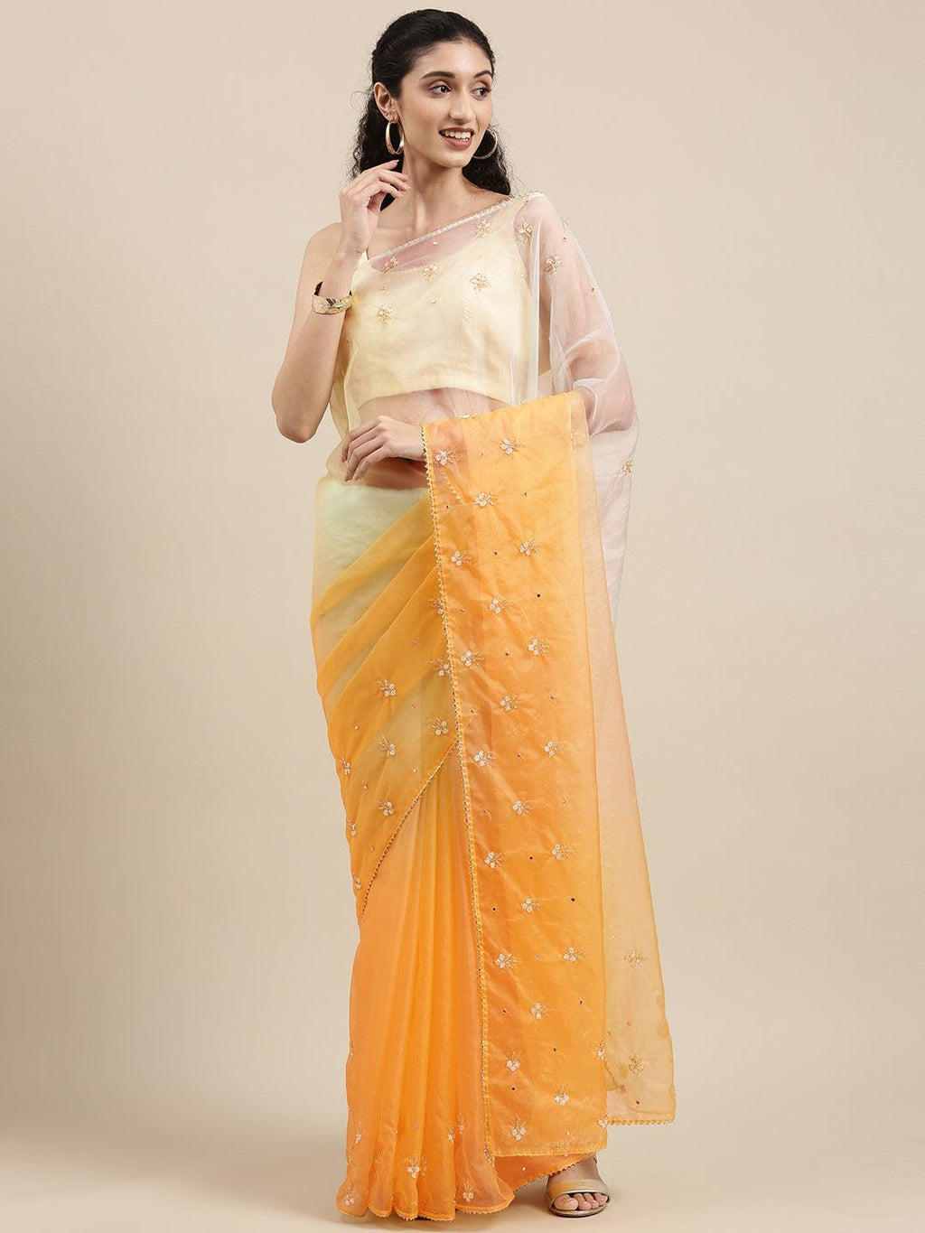 Light Yellow Shaded Handcrafted Organza Saree - Geroo Jaipur