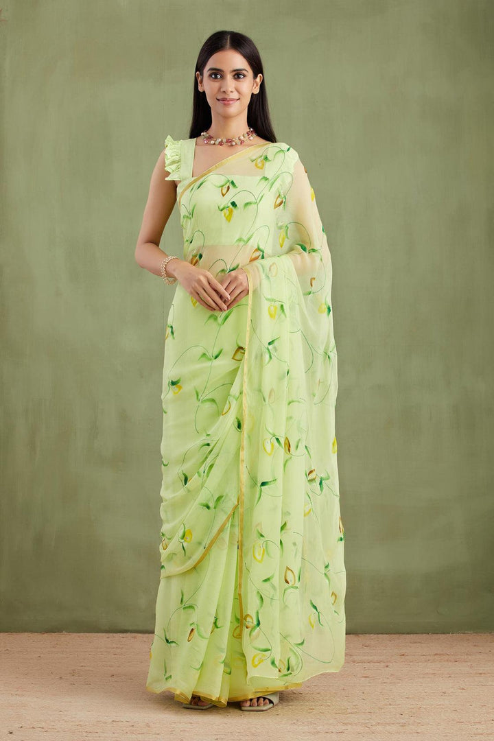 Lime Green Hand Painted Chiffon Saree - Geroo Jaipur