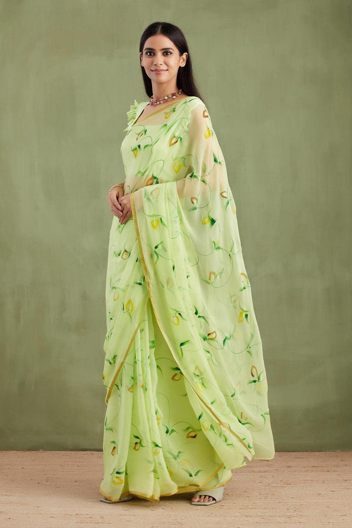 Lime Green Hand Painted Chiffon Saree - Geroo Jaipur