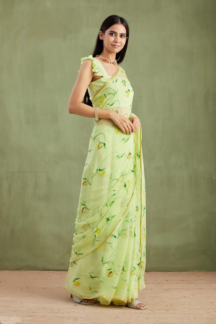 Lime Green Hand Painted Chiffon Saree - Geroo Jaipur