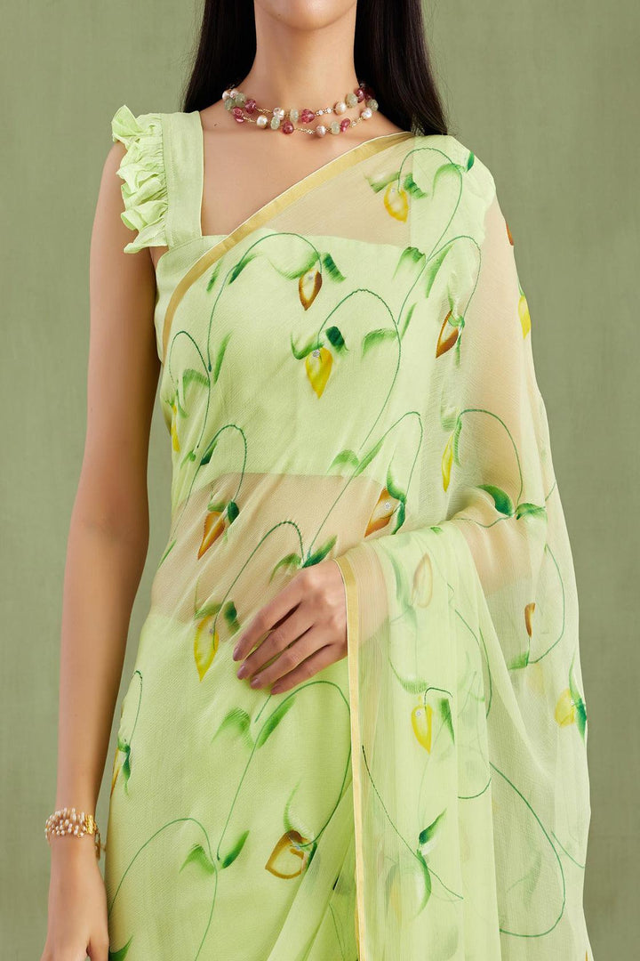 Lime Green Hand Painted Chiffon Saree - Geroo Jaipur