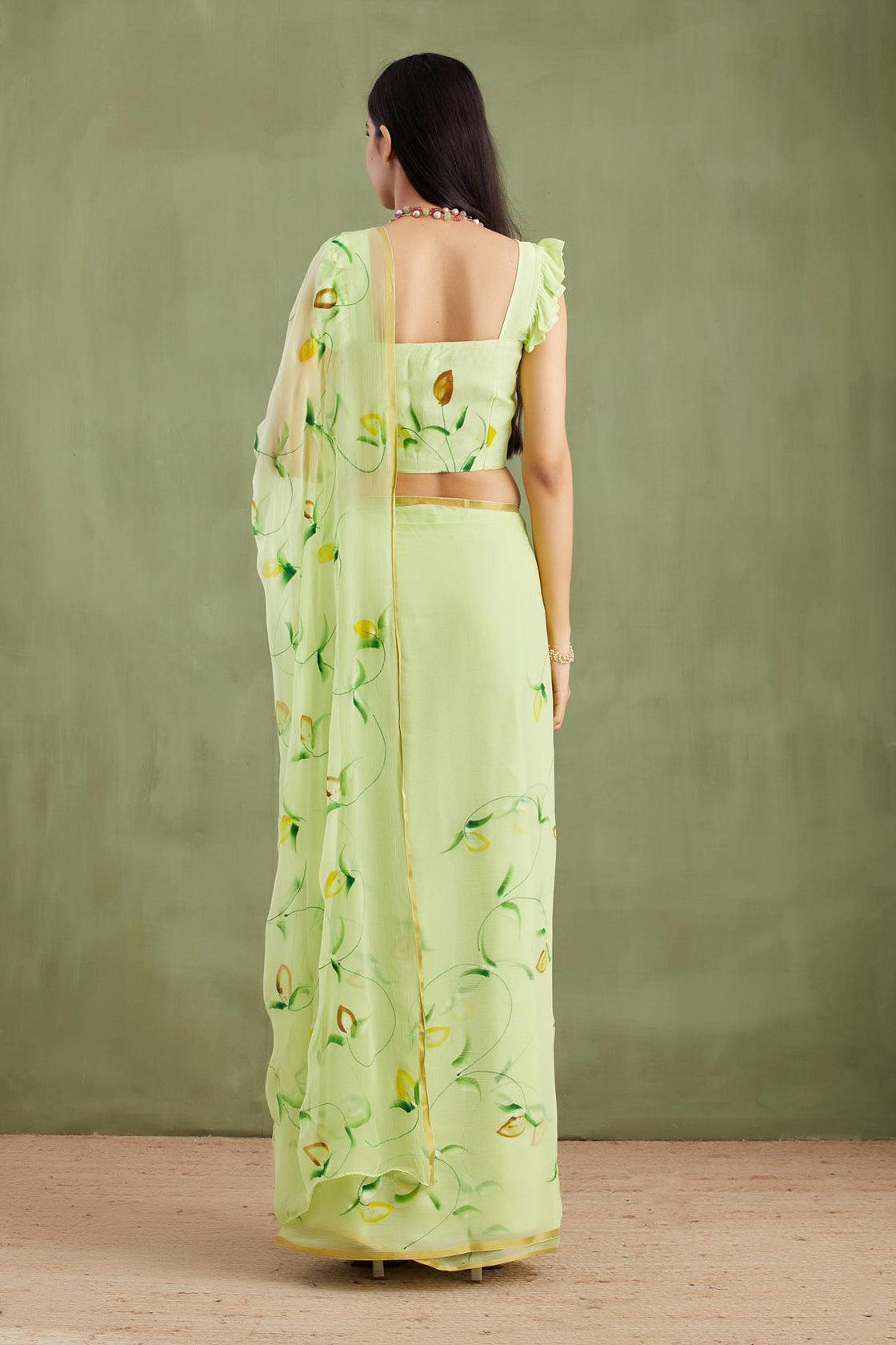 Lime Green Hand Painted Chiffon Saree – Geroo Jaipur