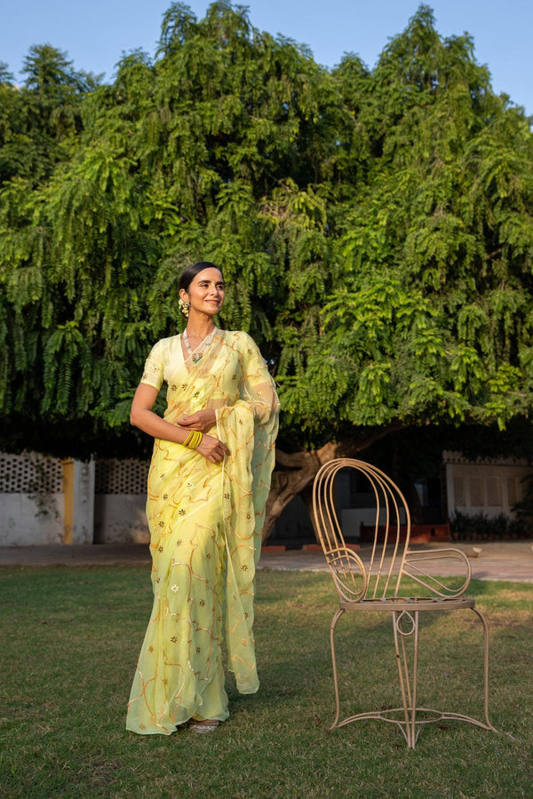 Lime Green Handcrafted Gota Jaal Chiffon Saree - Geroo Jaipur