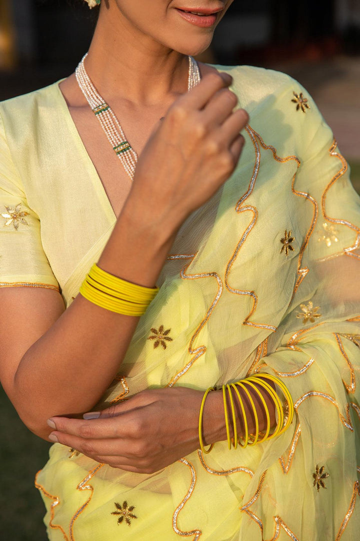 Lime Green Handcrafted Gota Jaal Chiffon Saree - Geroo Jaipur