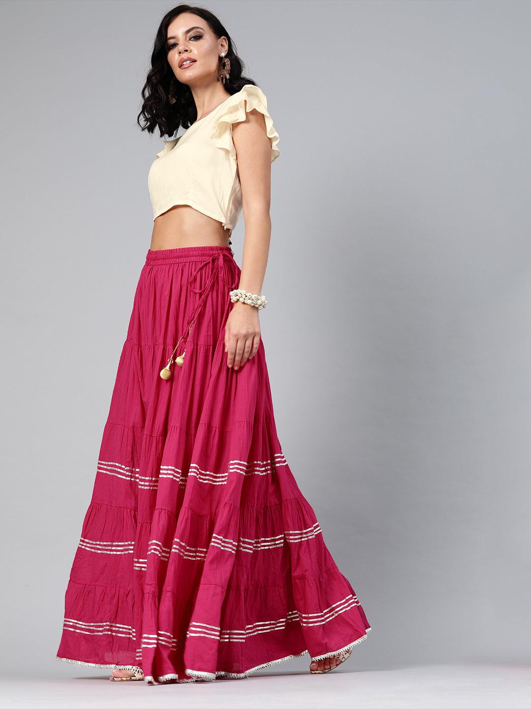 Magenta Handcrafted Pure Cotton Skirt With Crop Top