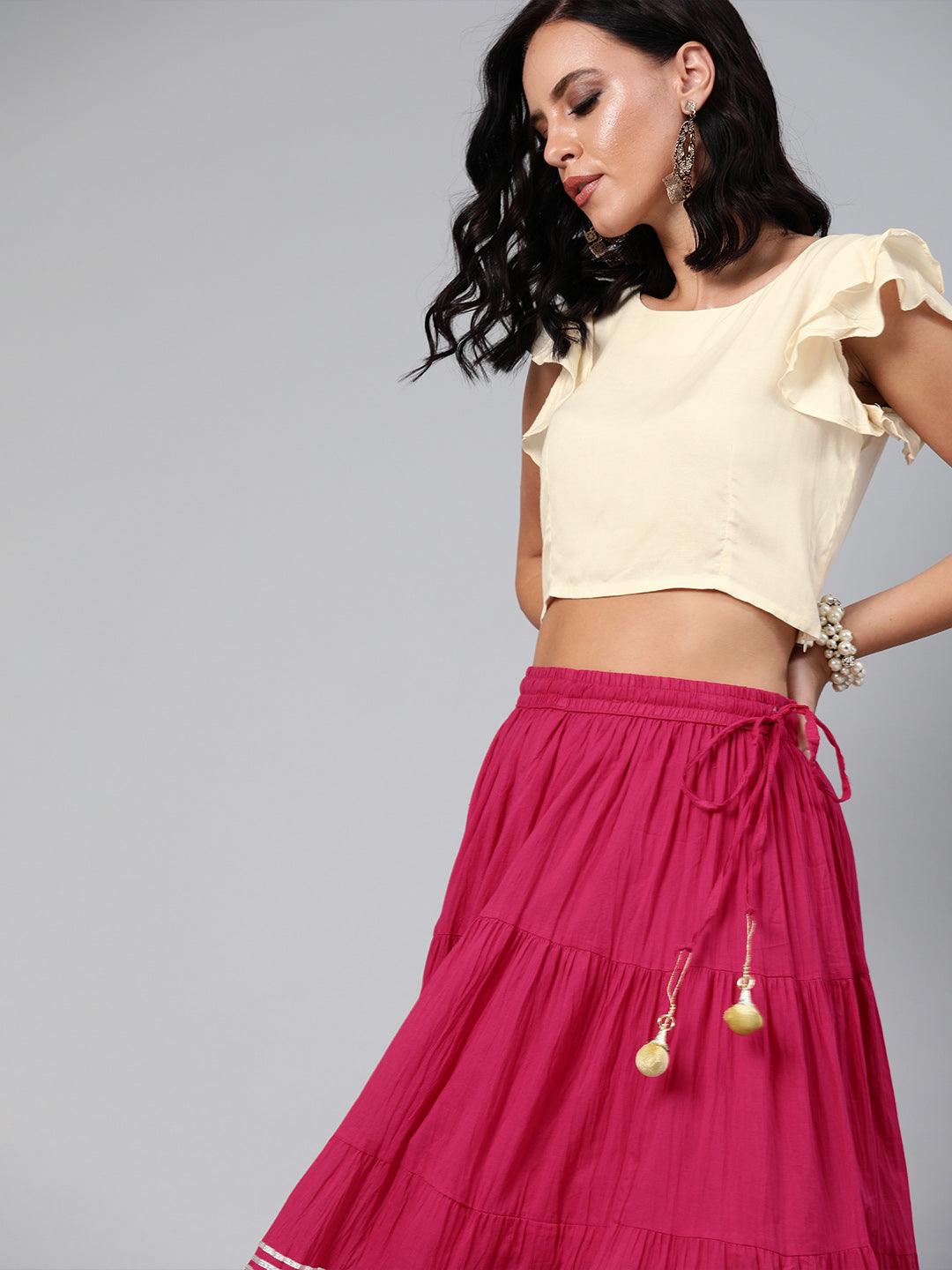 Magenta Handcrafted Pure Cotton Skirt With Crop Top - Geroo Jaipur