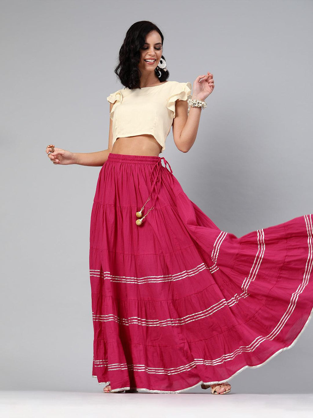 Magenta Handcrafted Pure Cotton Skirt With Crop Top - Geroo Jaipur