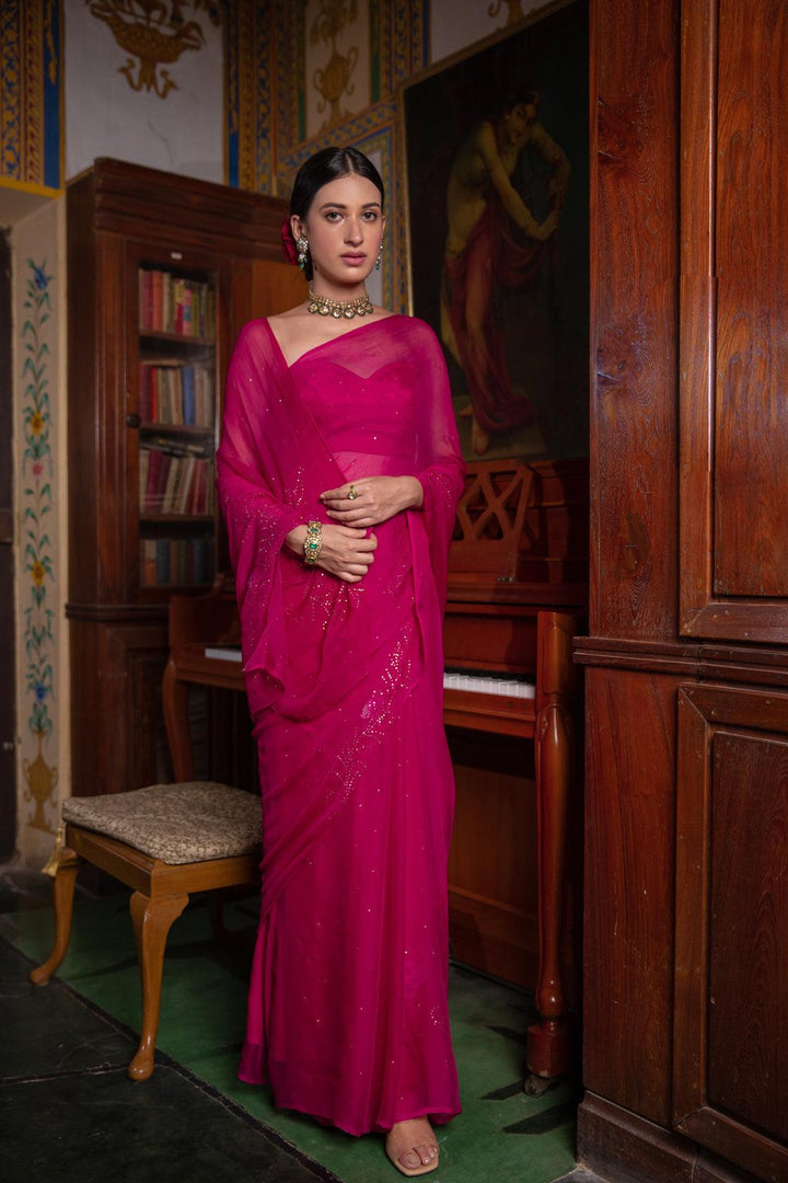 Magenta Pink Chiffon Hand Embroidered Mukaish Saree - Geroo Jaipur