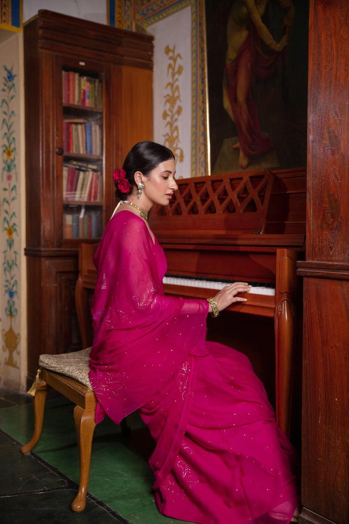 Magenta Pink Chiffon Hand Embroidered Mukaish Saree - Geroo Jaipur