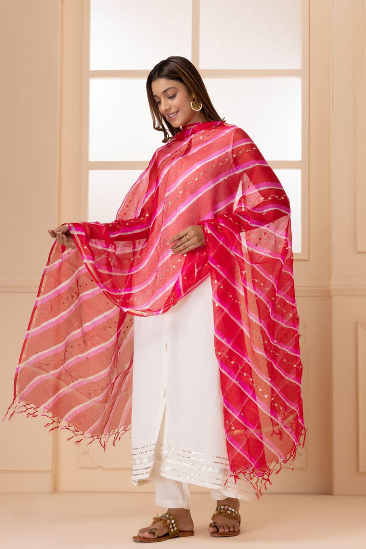 Magenta Pink Handcrafted Gota Patti Pure Kota Silk Leheriya Dupatta - Geroo Jaipur