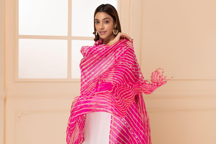 Magenta Pink Handcrafted Pure Kota Silk Gota Patti Leheriya Dupatta - Geroo Jaipur