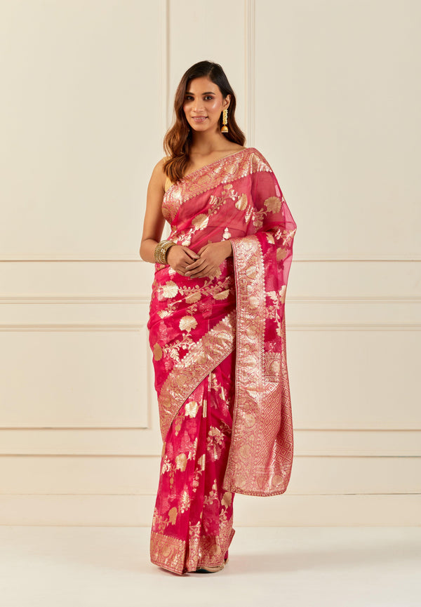 Magenta Pink Handcrafted Zari Woven Organza Banarasi Saree - Geroo Jaipur