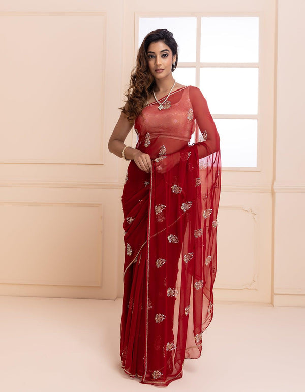 Maroon hand embroidered chiffon saree - Geroo Jaipur