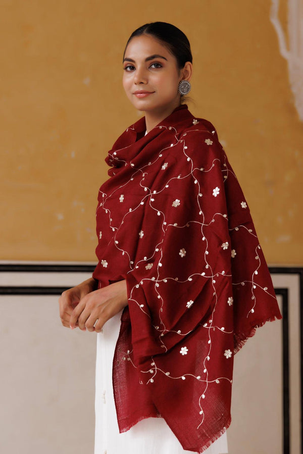 Maroon hand embroidered gota patti woolen shawl - Geroo Jaipur