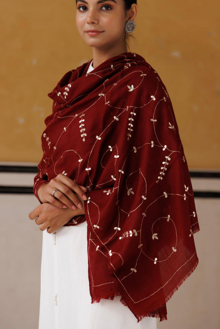 Maroon hand embroidered gota patti woolen shawl - Geroo Jaipur