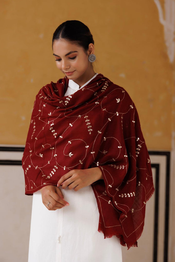 Maroon hand embroidered gota patti woolen shawl - Geroo Jaipur