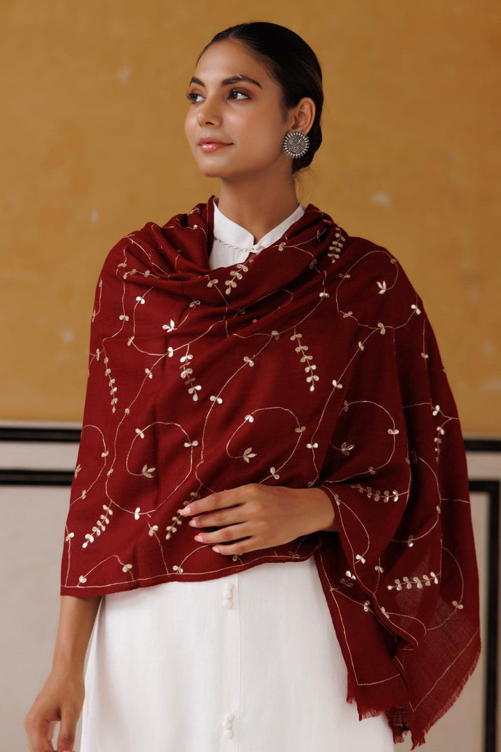 Maroon hand embroidered gota patti woolen shawl - Geroo Jaipur