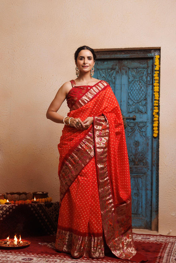 Maroon-Orange Zari Woven Bandhani Silk Saree - Geroo Jaipur