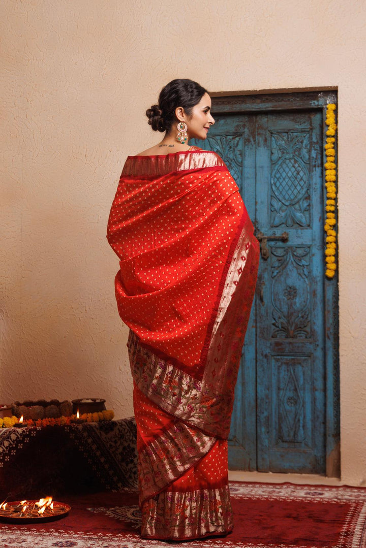 Maroon-Orange Zari Woven Bandhani Silk Saree - Geroo Jaipur