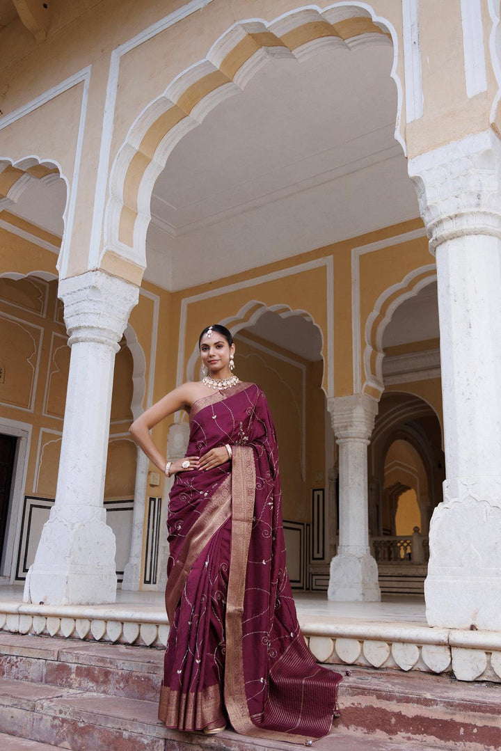 Maroon silk banarasi hand-embroidered saree - Geroo Jaipur