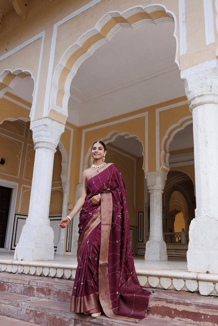 Maroon silk banarasi hand-embroidered saree - Geroo Jaipur