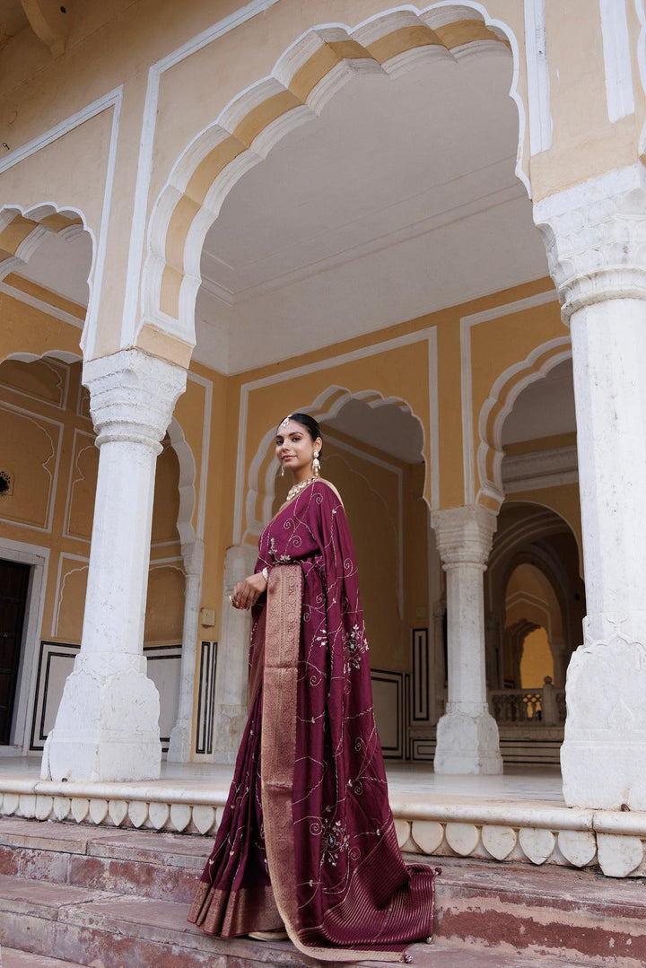 Maroon silk banarasi hand-embroidered saree - Geroo Jaipur