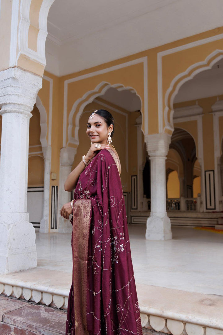 Maroon silk banarasi hand-embroidered saree - Geroo Jaipur