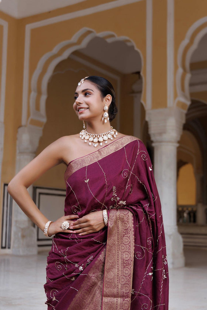 Maroon silk banarasi hand-embroidered saree - Geroo Jaipur