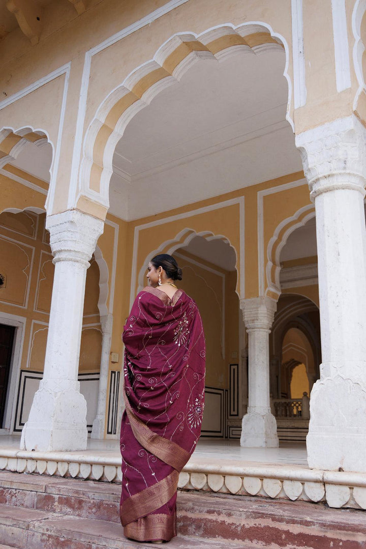 Maroon silk banarasi hand-embroidered saree - Geroo Jaipur