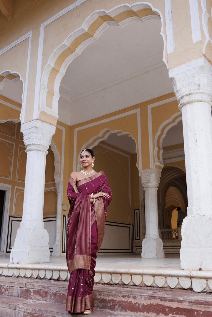 Maroon silk banarasi hand-embroidered saree - Geroo Jaipur