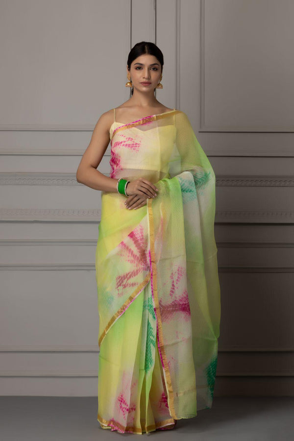 Multi-Color Handcrafted Pure Kota Silk Shibori Bandhani Saree - Geroo Jaipur